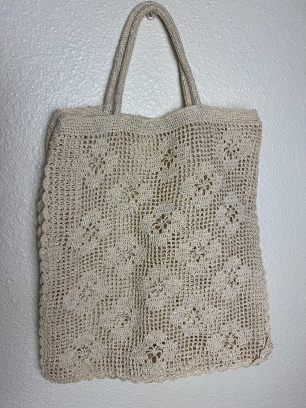 RARE  Vintage Hand Made 100% Cotton Crochet Tote  Market Bag